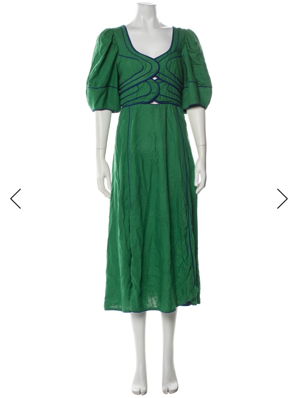 FARM Rio Green Midi Dress with Blue Piping & Puff Sleeves - Picture 2 of 4